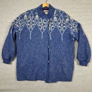 Vtg Tundra‎ Sz L Fair Isle Wool Jacket Cardigan Blue Snowflake Cozy Oversize